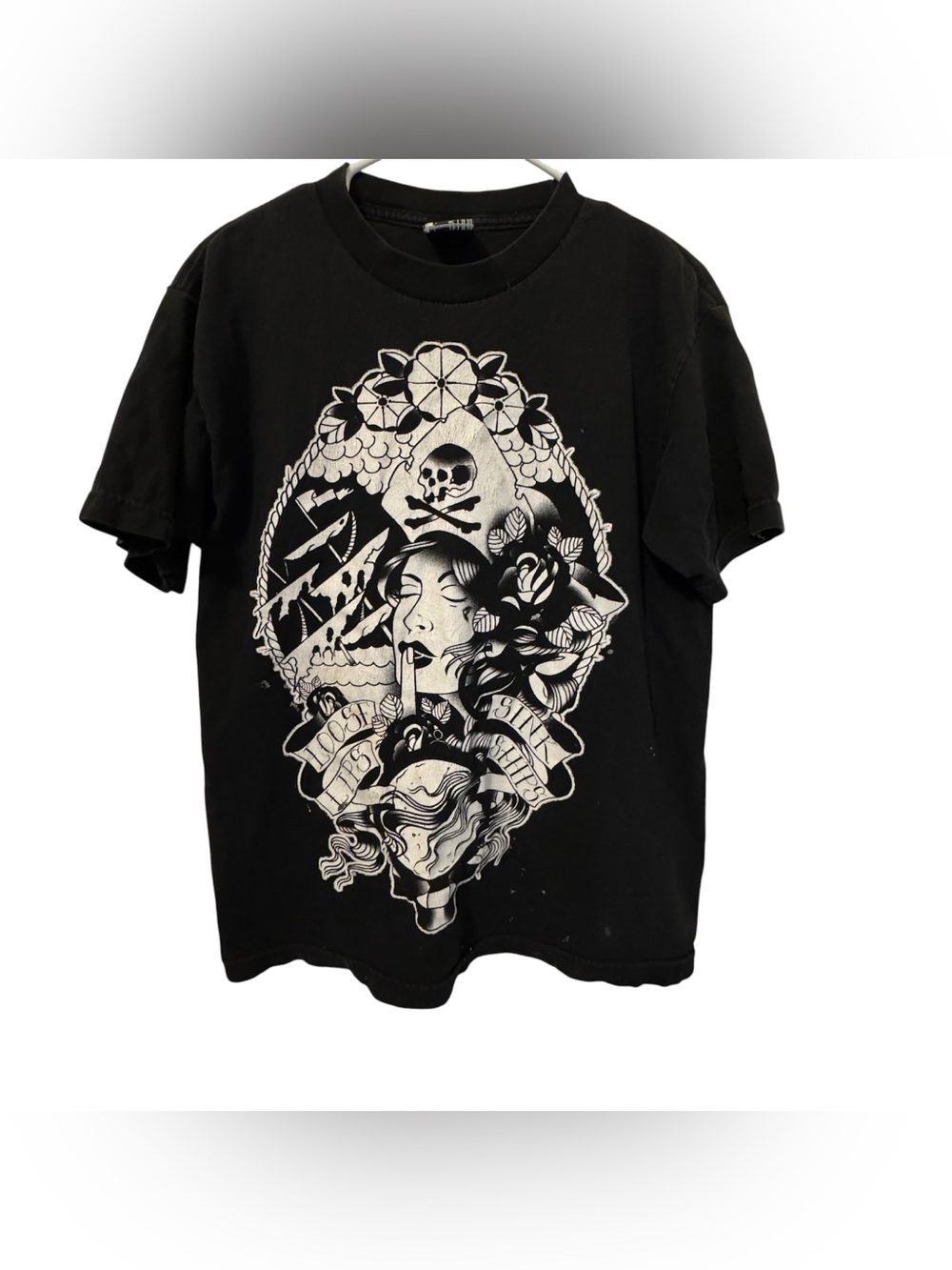 Famous Stars & Straps Black Tee with White Gothic Graphic